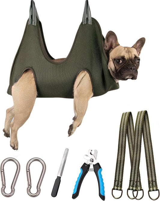 10 in 1 Dog Pet Grooming Hammock Harness with Nail Clippers/Trimmer, Nail File,Dog Nail Hammock, Dog Grooming Sling for Nail Trimming/Clipping (M/Under 45Lb, Khaki Green)