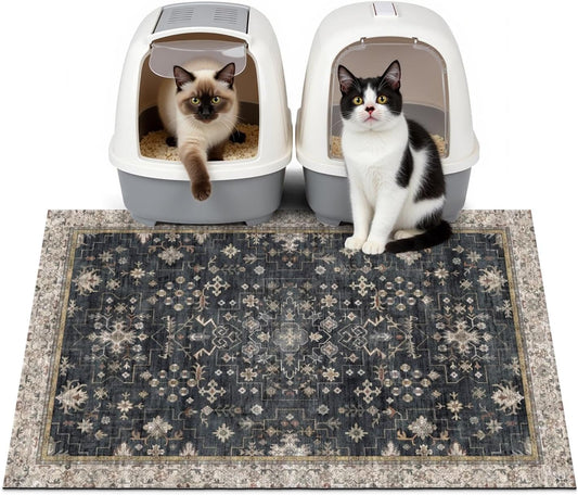 Cat Litter Mat Litter Trapping Mat, 33"X22" Waterproof Urine Proof Litter Box Mat Catcher Mat Non-Slip Washable for Kitty Kitten, Black