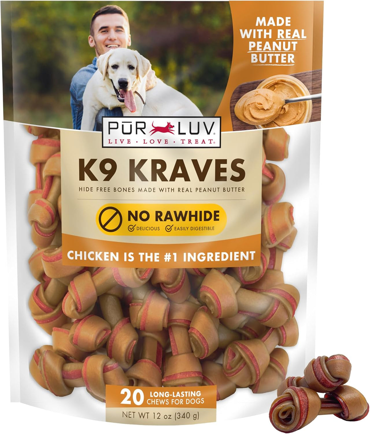 Pur Luv K9 Kraves Peanut Butter Rawhide-Free Bone Treats, 20 Ct