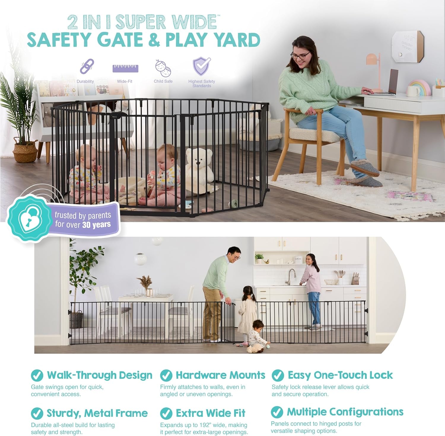 Regalo Safety 192" Super Wide Baby Gate & Play Yard, 2-In-1 Convertible Extra Wide Safety Barrier, Hardware Mounted for Toddlers & Pets, Tested & Safe for 30 Years, American Designed & Owned, Black