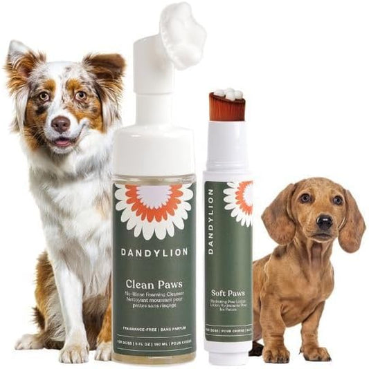 Dandylion Daily Paw Care Kit | No-Rinse Dog Paw Cleaner + Paw Lotion with Brush | Fragrance-Free, Ph-Balanced Formula | Desiged for All Dog Breeds