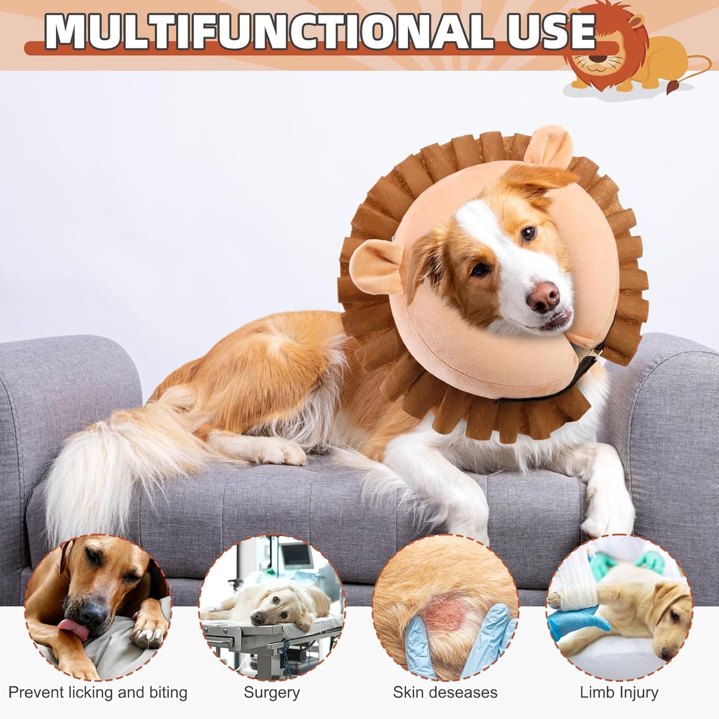 KOOLTAIL Inflatable Dog Cone Collar, Soft Donut E Collar for Dogs after Surgery to Stop Licking Enhanced Alternative, Blow up Pet Neck Pillow Recovery Adjustable Cone for Dog Cat, Lion M