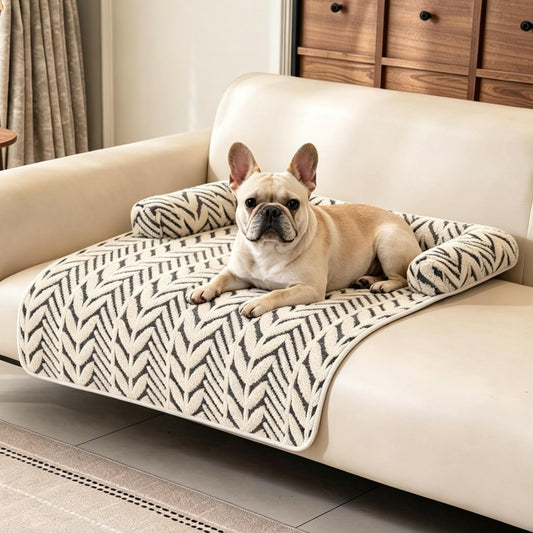 Calming Dog Couch Bed Mats with Neck and Head Support, Fluffy Plush Pet Sofa Cover for Small Medium Dogs and Cats, Non-Slip Bottom, Machine Washable