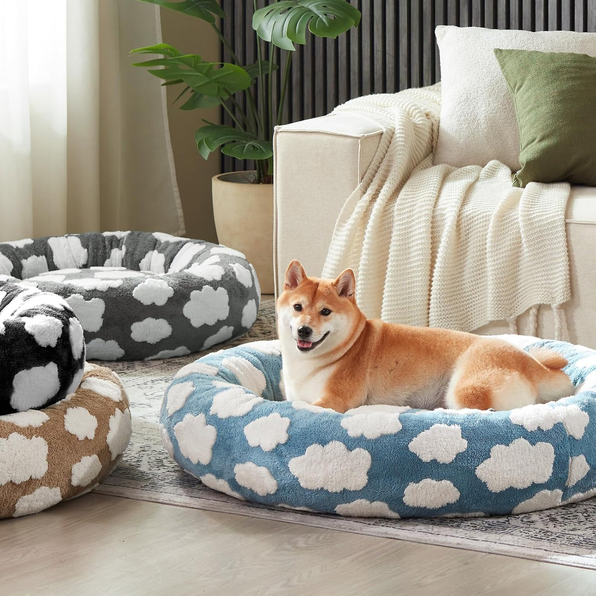 JOEJOY Jacquard Donut round Dog Beds Medium Sized Dog,Blue 30X30X8In, Removable Washable Cover, Cute Pattern, Ultra Soft Fluffy Calming Pet Bed with Thick Supportive Bolster