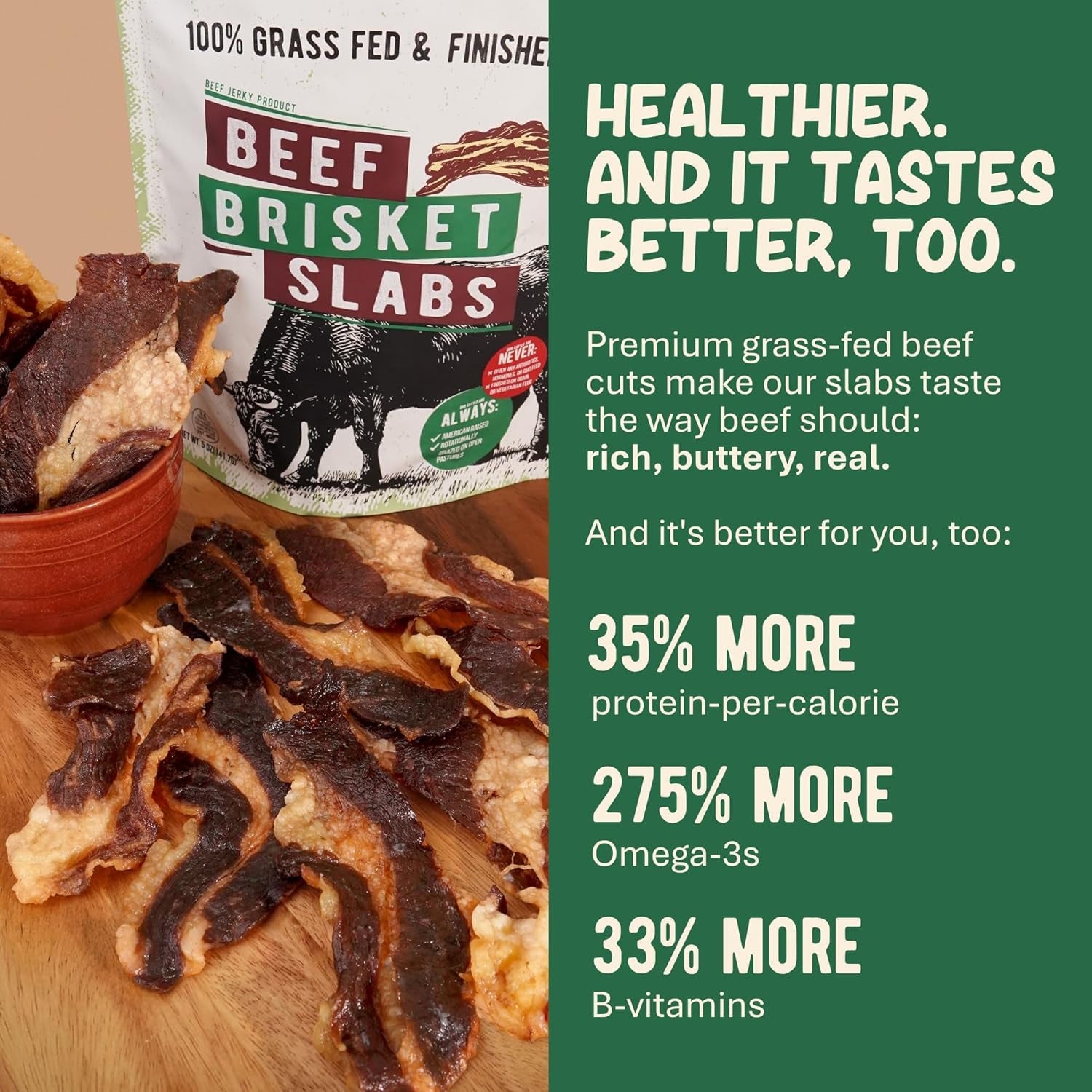 Grazly Beef Brisket Slab – Steakhouse Quality | Grass-Fed & Finished | Only Meat & Salt, Soft & Buttery Texture | High-Protein Carnivore Snack | Made from 1Lb Raw Brisket | 5Oz On-The-Go Snack Pack