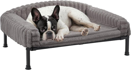 Veehoo Elevated Dog Bed with Bolster Cushion, Fluffy Plush Dog Couch Beds for Small Dogs, Cats, Washable Raised Pet Cot with Non-Slip Feet for Indoor or Patios Use, 24 X 18 Inches, Grey