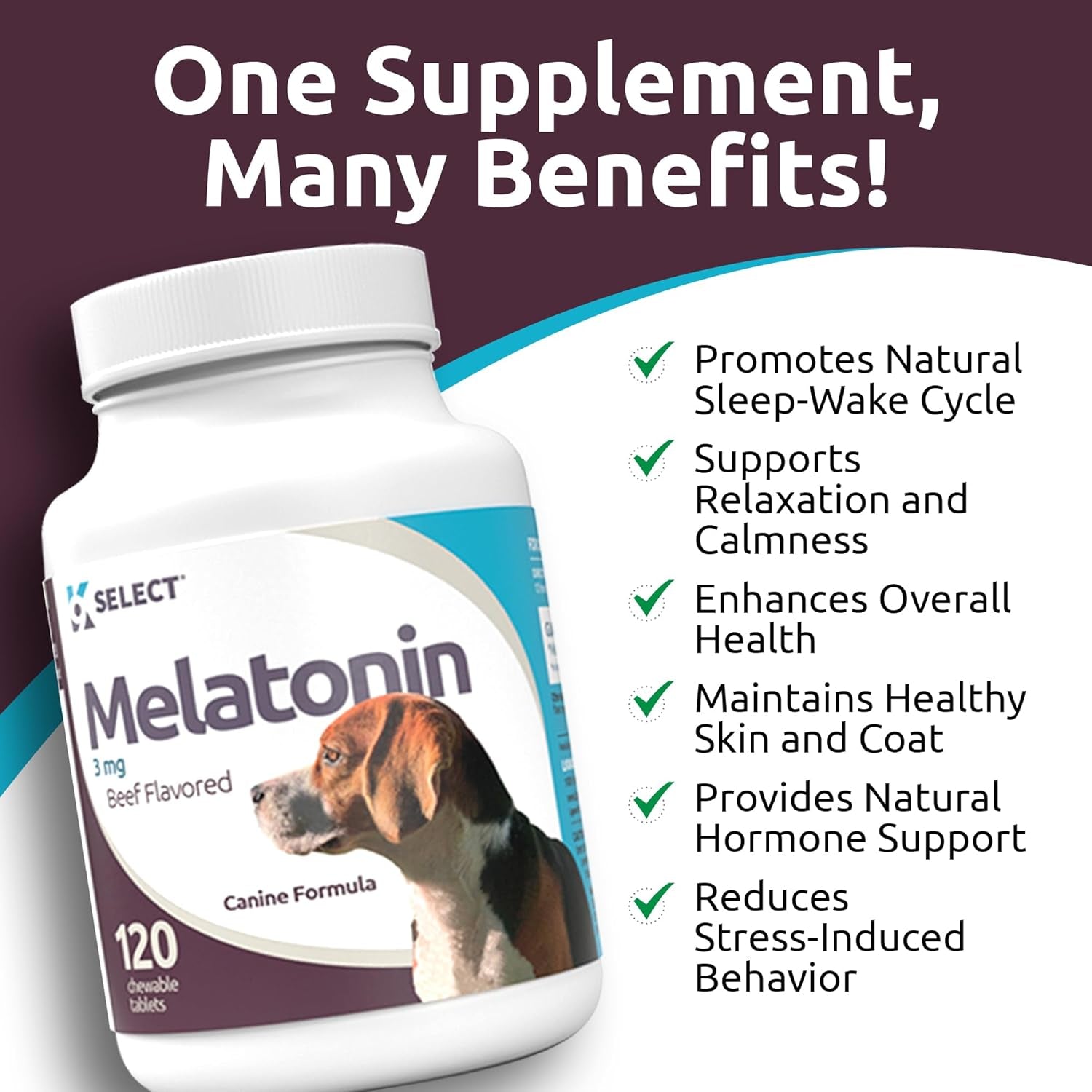 K9 Select Melatonin for Dogs - Composure Dog Calming Chews - Dog Melatonin for Sleep - Reduce Stress Helps Composure Calming Treats for Small Dogs - 3 Mg, 120 Beef Flavored Chewable Tablets