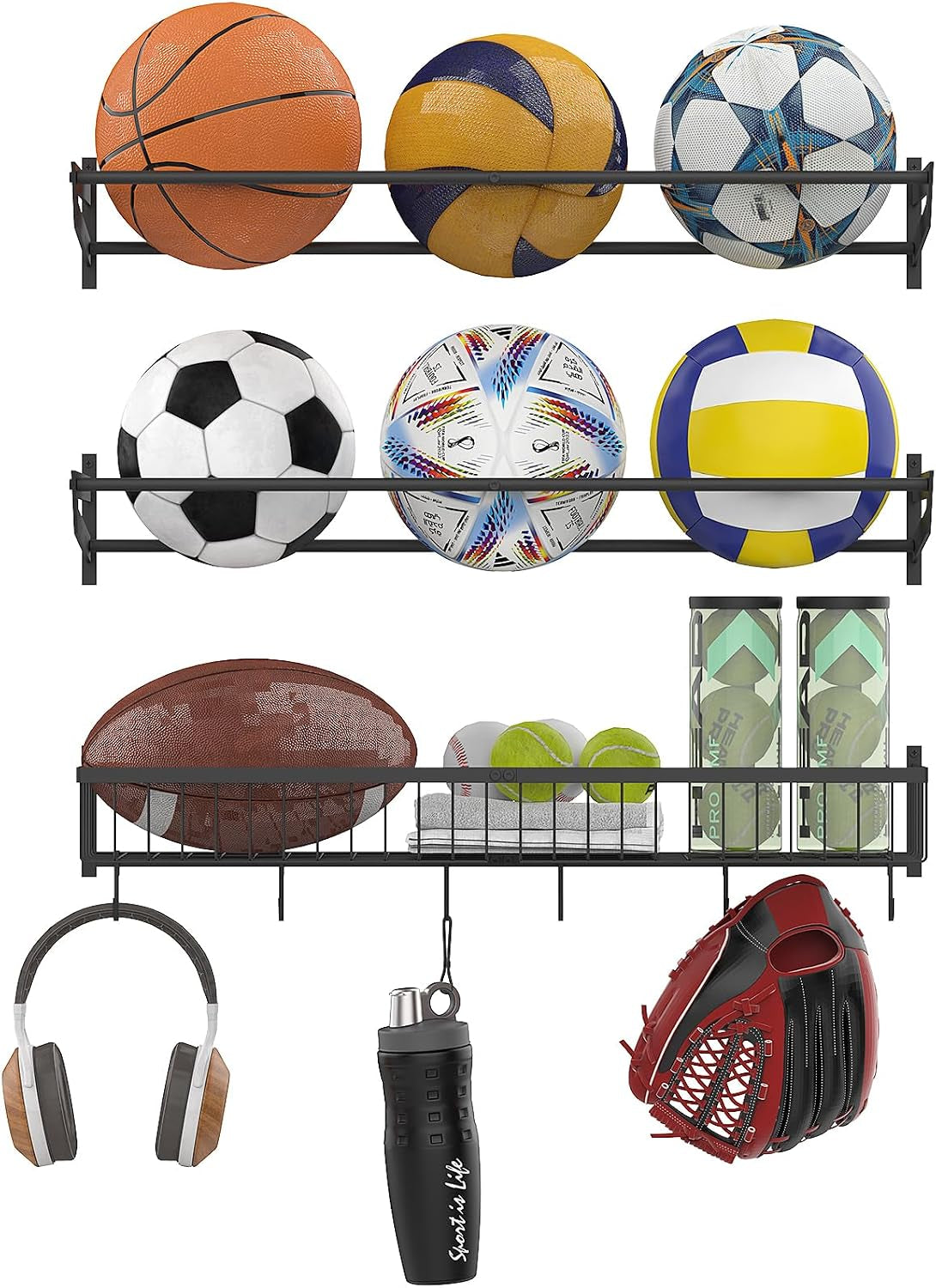 YBING Sports Equipment Organizer with 3 Separate Shelf, Ball Racks for Garage, Garage Sport Equipment Organizer with Hooks,Wall Mount Sports Holder Storage, Black