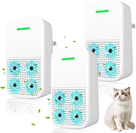 Cat Litter Odor Deodorizer (3 Pack) - Ozone & Negative Ion Cat Odor Eliminator with Sensor Monitor, Safe Air Purifier for Pets,Odor Remover