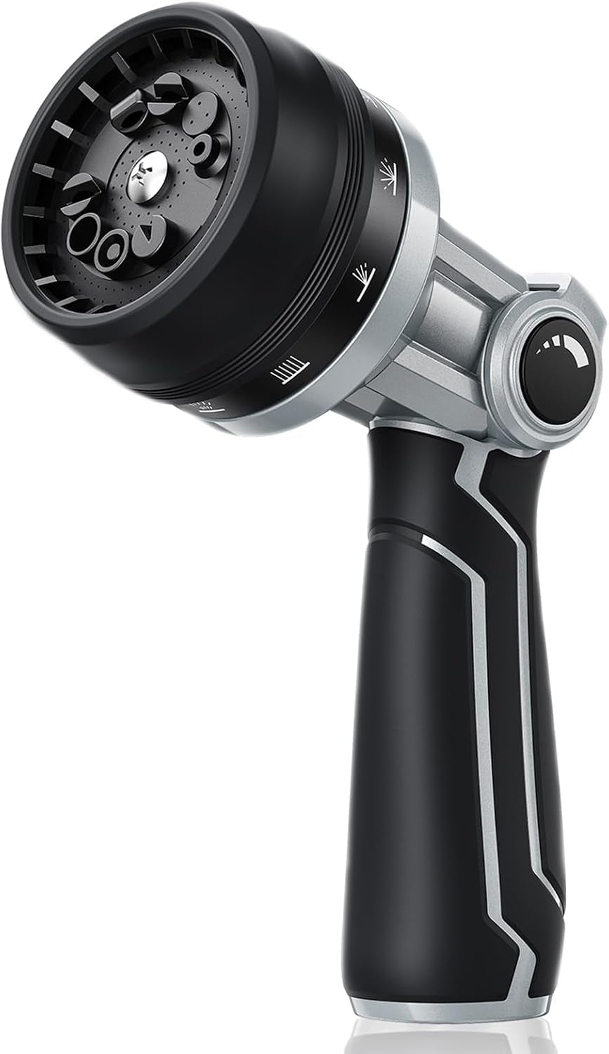 RAINPOINT Full-Metal Garden Hose Nozzle, Heavy Duty Water Hose Nozzle Sprayer with 10 Adjustable Patterns & High Flow,Thumb Control for Flow Adjustment, Ideal for Watering, Washing, Cleaning,Black