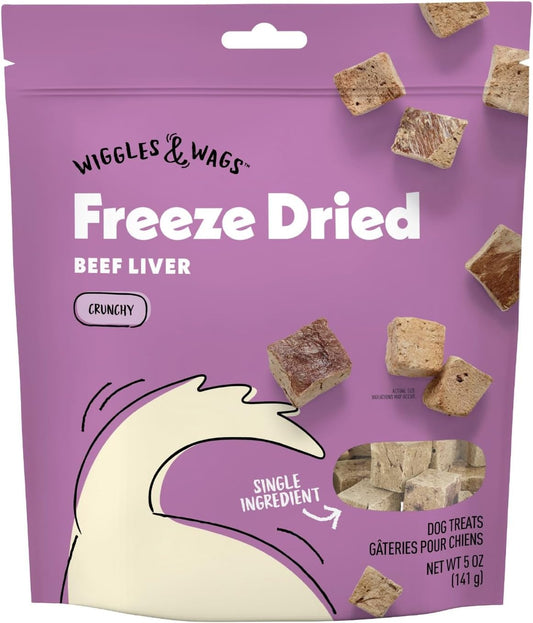 Wiggles & Wags Freeze Dried Beef Liver Crunchy Dog Treats 1-5 OZ Bag. plus Bone Shaped Dispenser Colors Vary & Waste Roll