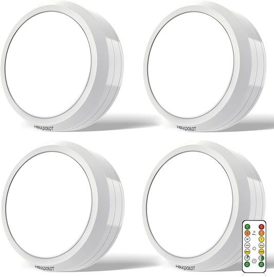 HOLKPOILOT Puck Lights with Remote Control, under Cabinet Battery Operated, under Counter Puck Lighting, Wireless Stick on Lights White (4Pack)