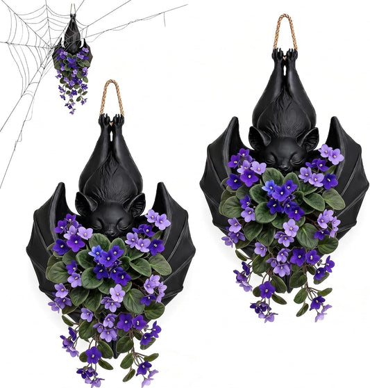 Hanging Bat Plant Pot, Halloween Planter Gothic Hanger Holder Home Decor | Flower Basket Black Bats Vase Garden Bowl for Succulents Trailing Vines Greenery Indoor Outdoor Decoration