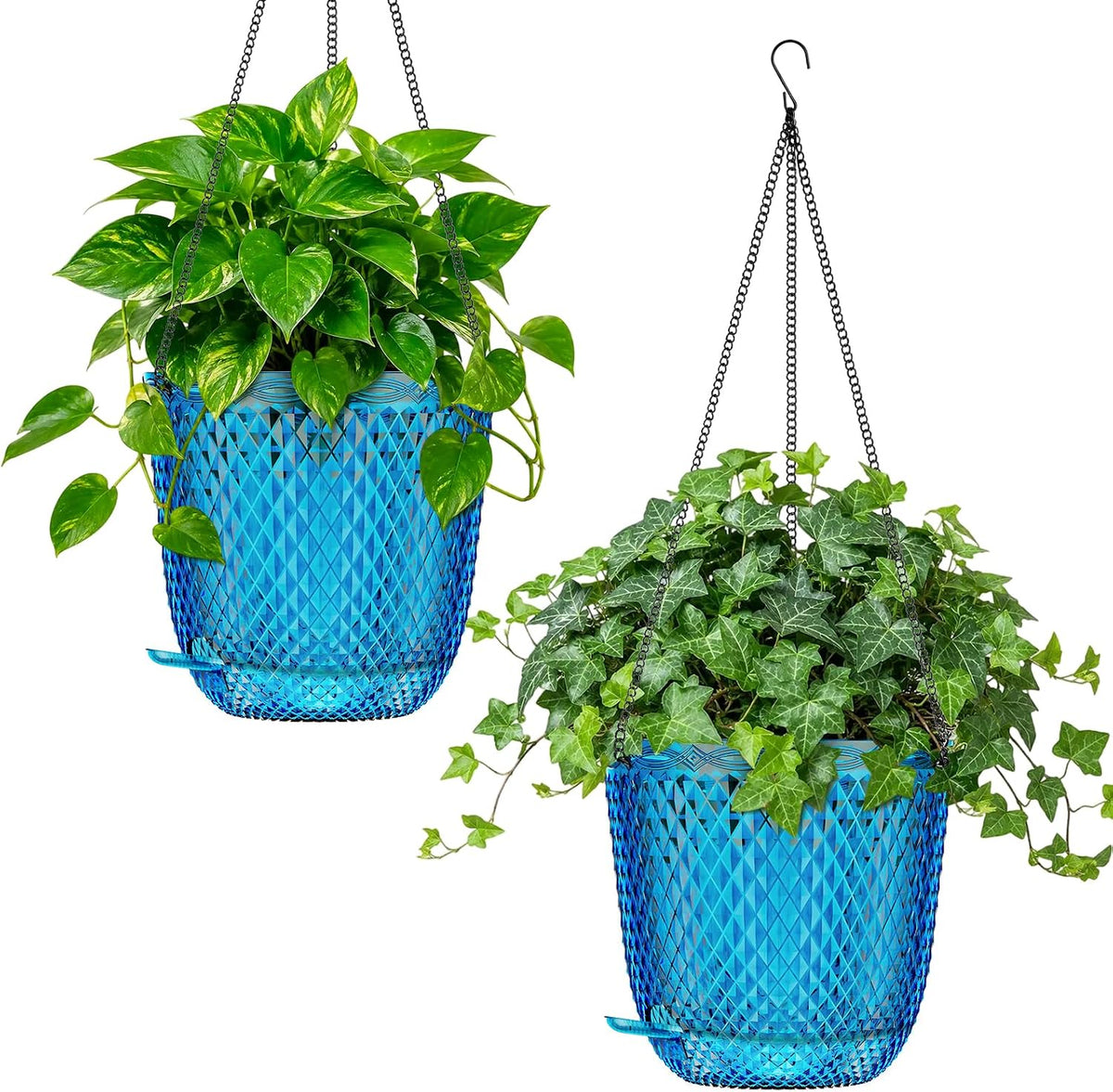 QCQHDU Self Watering Hanging Planters Flower Pots for Indoor Plants,7.2 Inch Hanging Planter Basket,Plastic Plant Hanger with Drainage Holes and 3 Hooks for Outdoor Window Garden Balcony, (Blue)2 Pack