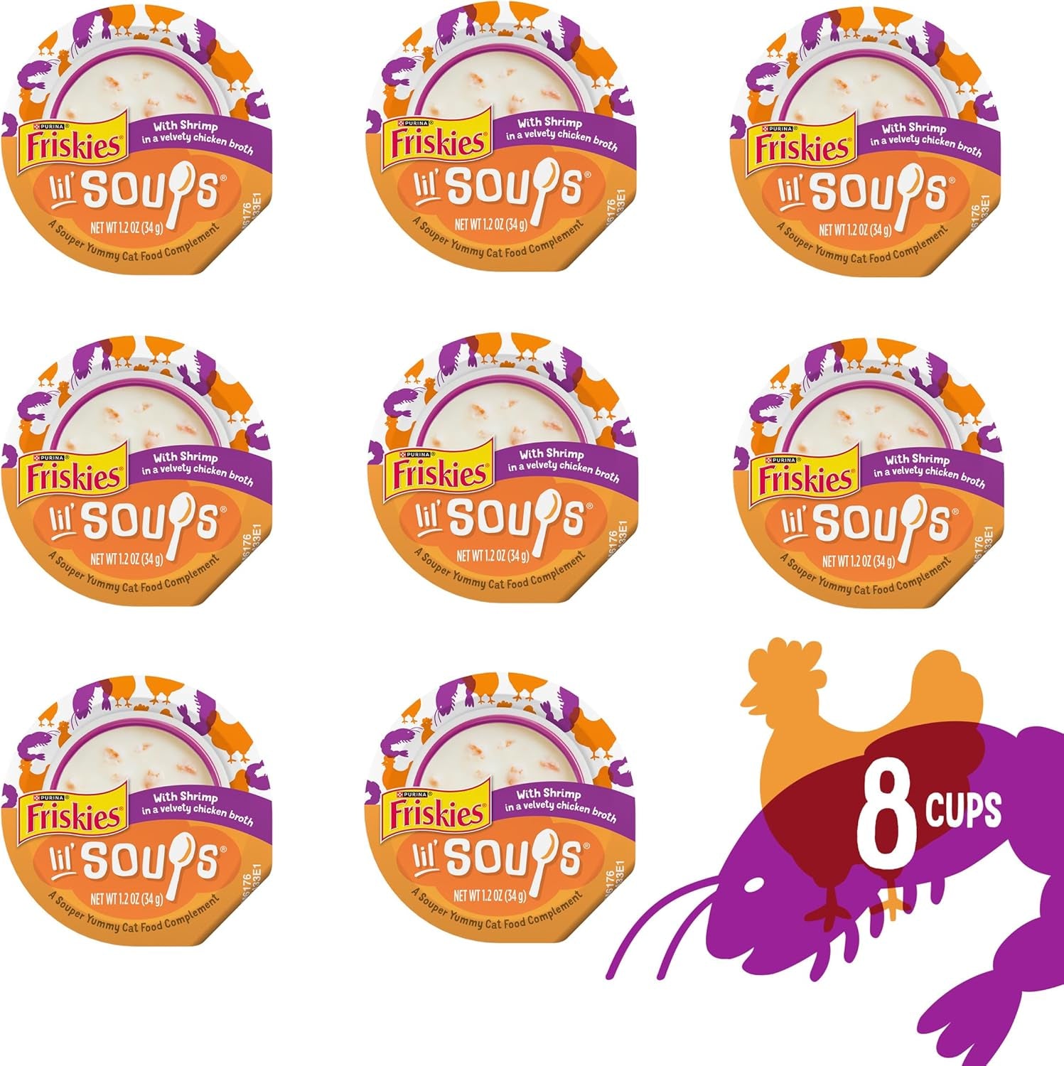 Purina Friskies Grain Free Lickable Cat Food Toppers Lil’ Soups with Shrimp in a Velvety Chicken Broth - (Pack of 8) 1.2 Oz. Cups