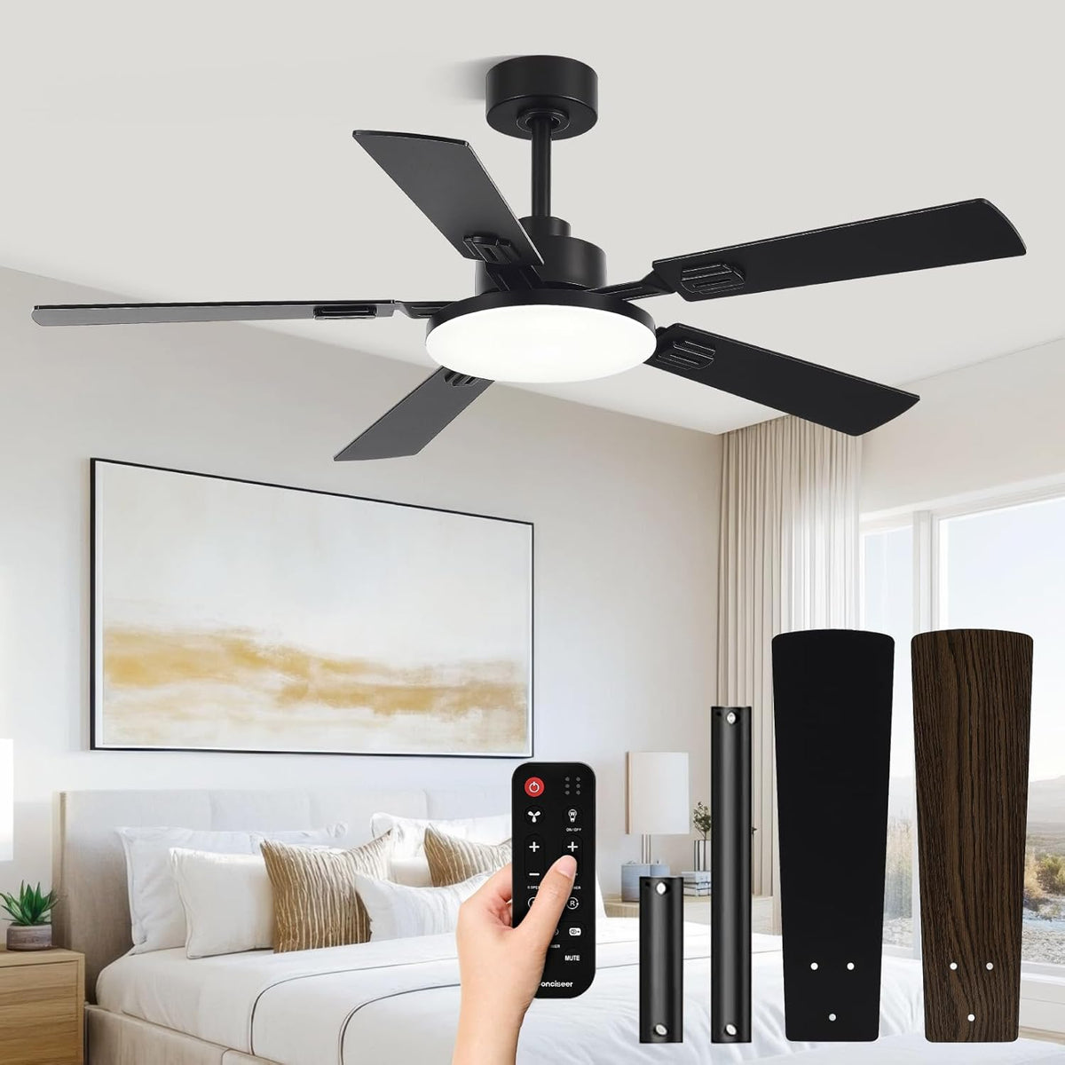Conciseer 52 Inch Ceiling Fans with Lights and Remote for Bedroom, Black