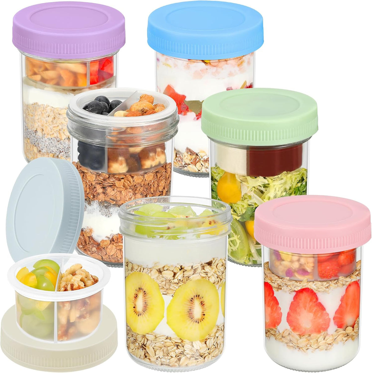 Xyptorix 6 Pack 16 Oz Overnight Oats Jars with Airtight Lids, Divided Cups