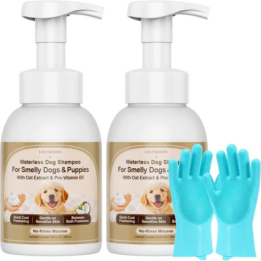 Waterless Dog Shampoo 9 FL OZ, 2-Pack, Oatmeal Coconut with Gloves