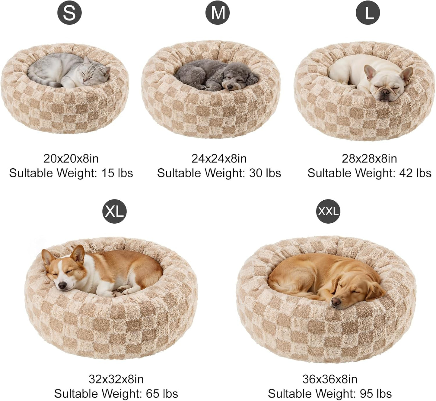 Dog Calming Beds for Small Medium Large Dogs - round Donut Washable Puppy Dog Bed, Anti-Slip Faux Fur Fluffy Donut Cuddle Anxiety Cat Pet Bed (20" Grid)