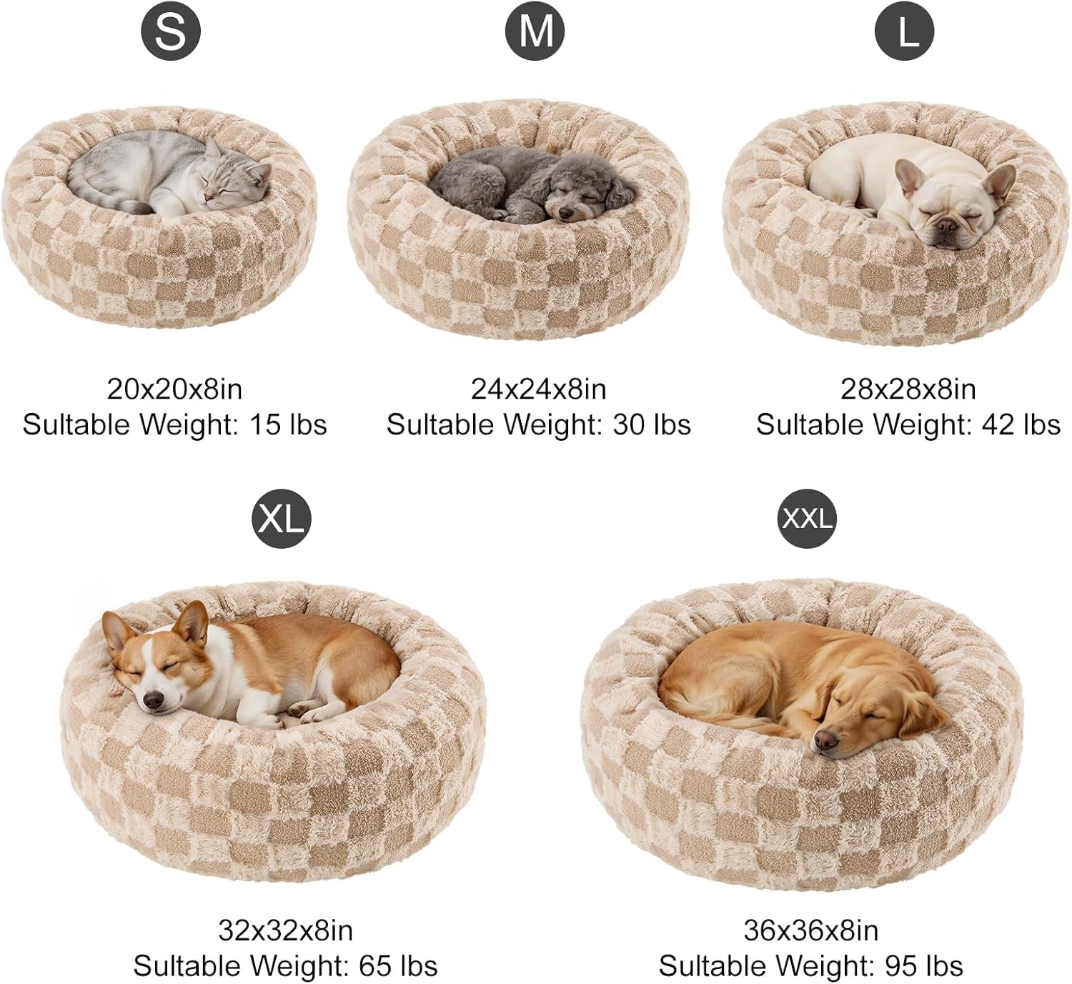 Dog Calming Beds for Small Medium Large Dogs - round Donut Washable Puppy Dog Bed, Anti-Slip Faux Fur Fluffy Donut Cuddle Anxiety Cat Pet Bed (20" Grid)