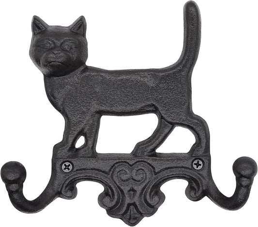 Cast Iron Cat Wall Hooks for Hanging, Decorative Heavy Duty Coat Hooks Wall Mount Key Hanger Leash Holder Vintage Farmhouse Entryway Mudroom Cute Animal Decor Rustic Black 1 Pack
