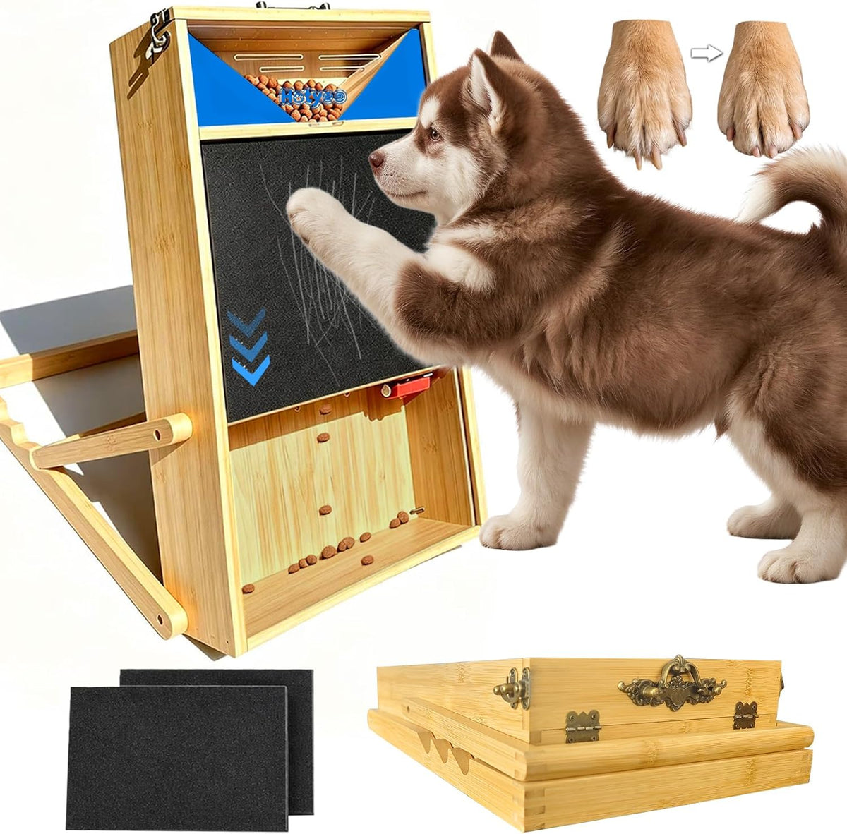 Dog Nail Scratch Board & Dog Nail File Board with Treat Box, Pure Handmade Foldable Bamboo Puzzle Toy Automatic Feeder,3 Angles Adjustable,2Sandpaper Pads&Bohemian Alloy Handle,Patent Pending