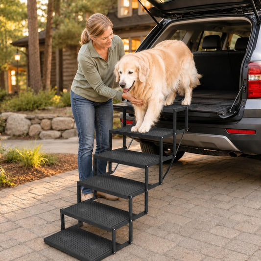 Dog Stairs for Car, 6 Steps Foldable Dog Steps for Truck, Upgraded Non-Slip Pet Stairs for Lagre Dogs, Metal Pet Stairs for SUV, Truck and Cars