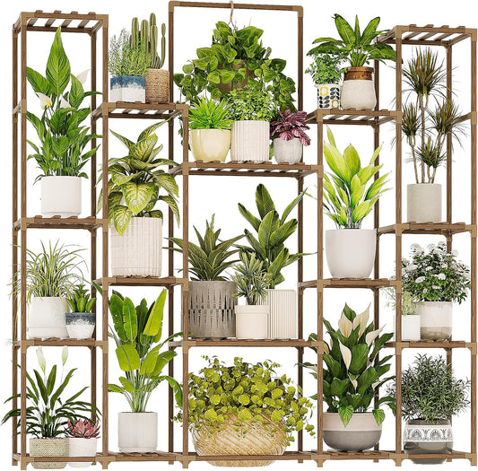 Bamworld Plant Shelf Indoor Hanging Plant Stand Outdoor Large Plant Shelves Tall Flower Holder Wooden Plant Stand for Multiple Plants Plant Rack for Living Room Balcony Decor Garden Clearance Deals 17 Pots Plant Table