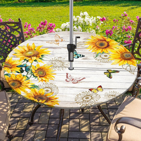 Sunflower round Outdoor Tablecloth with Umbrella Hole Zipper Wood Texture Fitted Table Cover Waterproof Table Cloth for Patio Picnic Camping Fits 44-48" Diameter round Tables