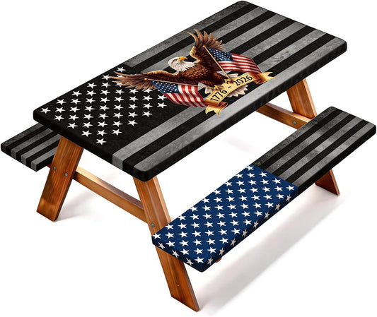 Picnic Table Cover with Bench Covers, 250Th Anniversary Eagle Patriotic Decor, Windproof Waterproof Fitted Tablecloth with Elastic, Rectangle for 4Th of July, Outdoor Camping Parties, 72X30 Inch