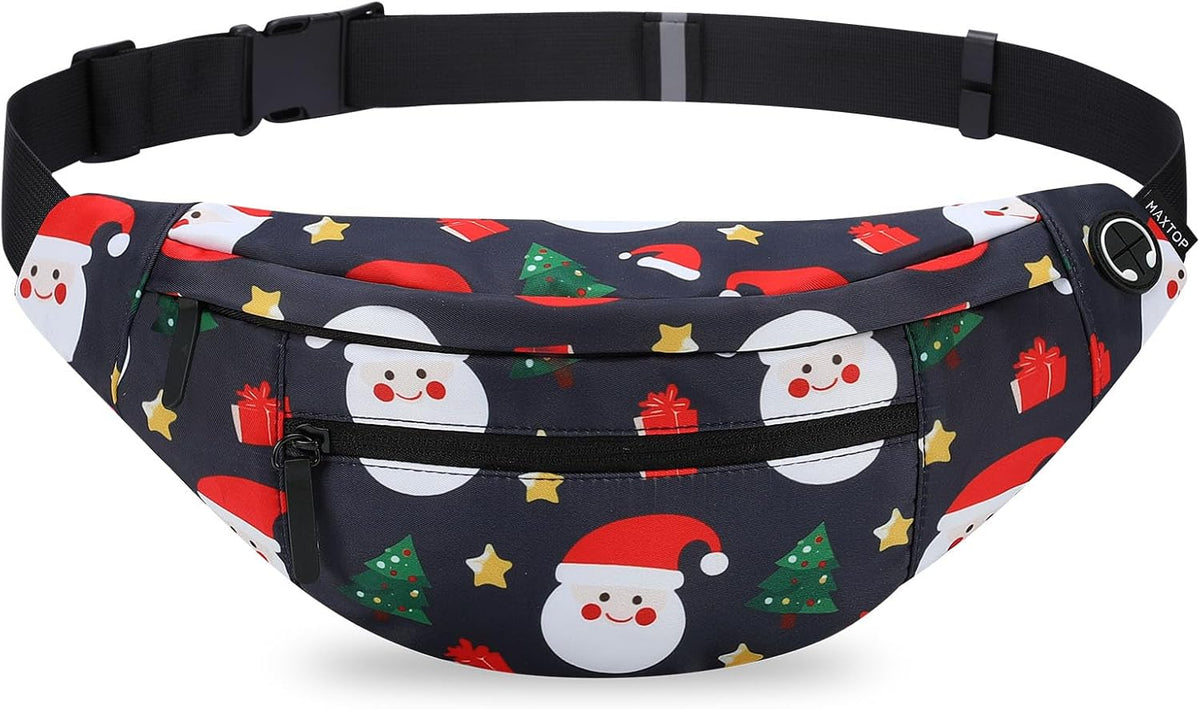 MAXTOP Large Christmas Fanny Pack with 4-Zipper Pockets, Christmas Bag Gifts for Enjoy Festival Sports Workout Traveling Running Casual Hands-Free Waist Pack Crossbody Phone Bag Carrying All Phones
