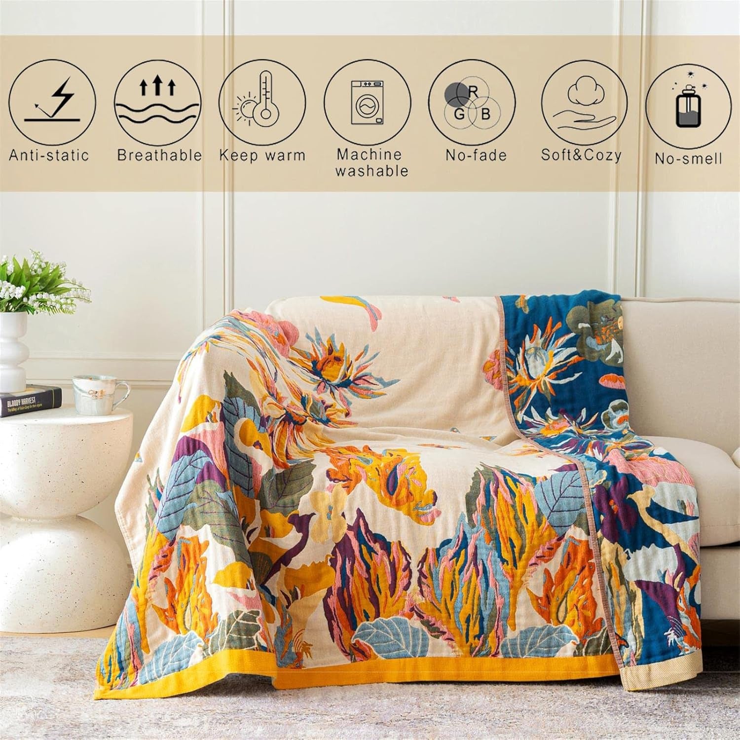MSGKV Boho Throw Blanket 60''X80'',100% Cotton Blanket for Couch Bed, Spring Breathable Quilt Farmhouse Home Decor Soft Lightweight Picnic Blankets