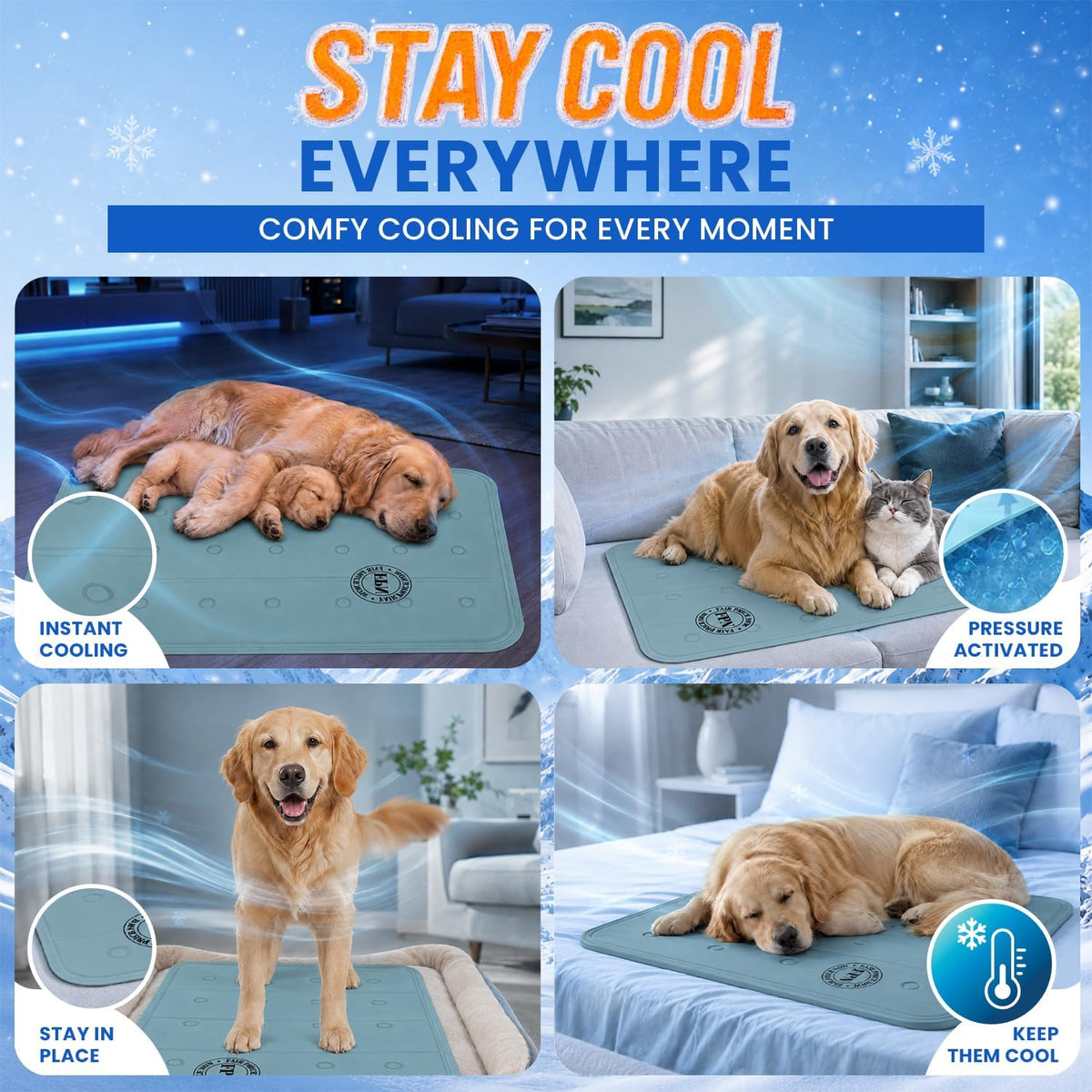 Pet Cooling Mat for Dogs and Cats 1Pcs, Pressure Activated Self Cooling Pad 19" X 11.5"