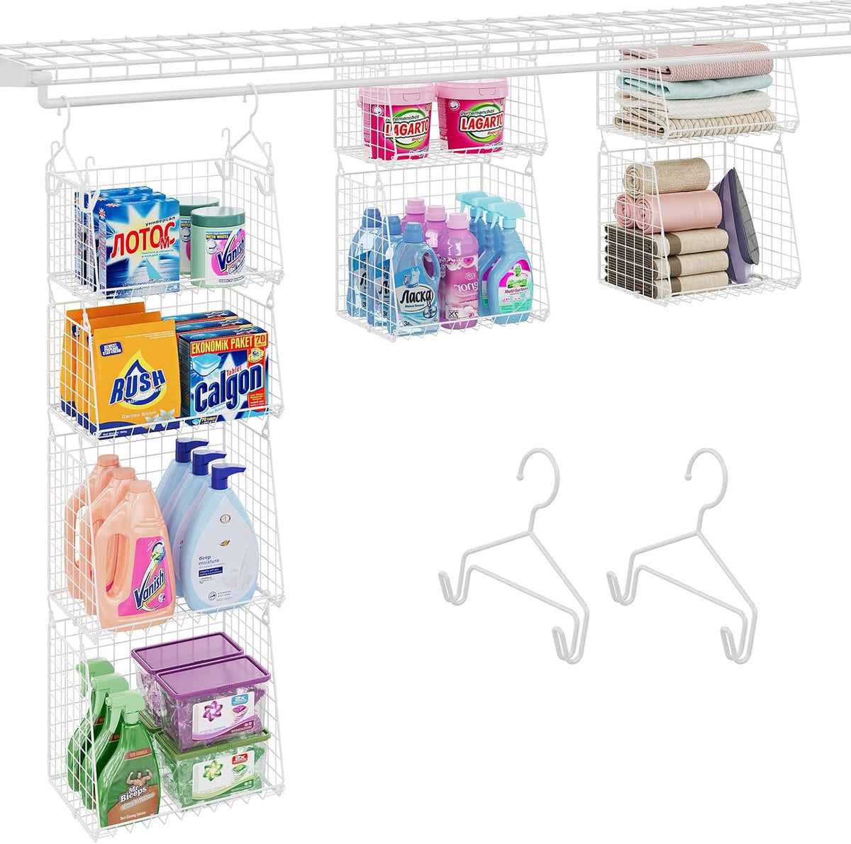 4-Tier Hanging Laundry Room Organizer: Foldable Wire Shelf Basket with 2 Large Hooks 1.65" & 360°Rotating Hooks – Space-Saving Laundry Storage Basket, for Wardrobe Closet Storage, White Patent