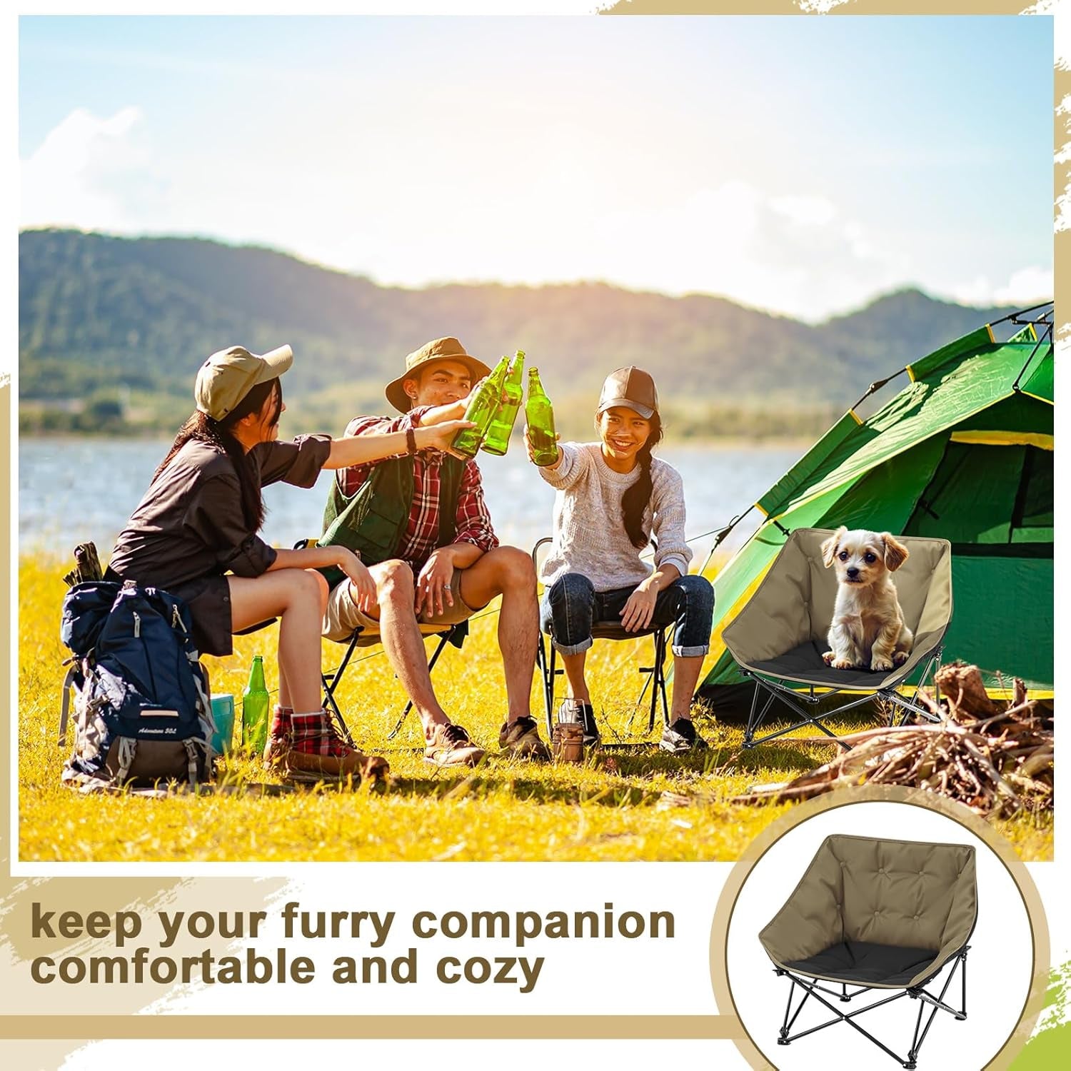 Croblissful Portable Dog Camping Chairs for Dogs Raised Pet Bed for Outdoor Folding Chair Patio Lazy Puppy Cot Heavy Duty Pet Camping Gear(28X 24 X 22 Inches,Brown)