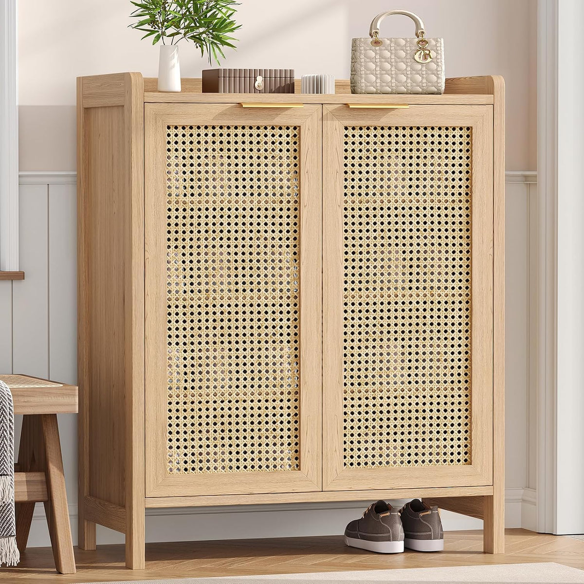 Rattan Shoe Storage Cabinet, 5-Tier Shoe Cabinet for Entryway
