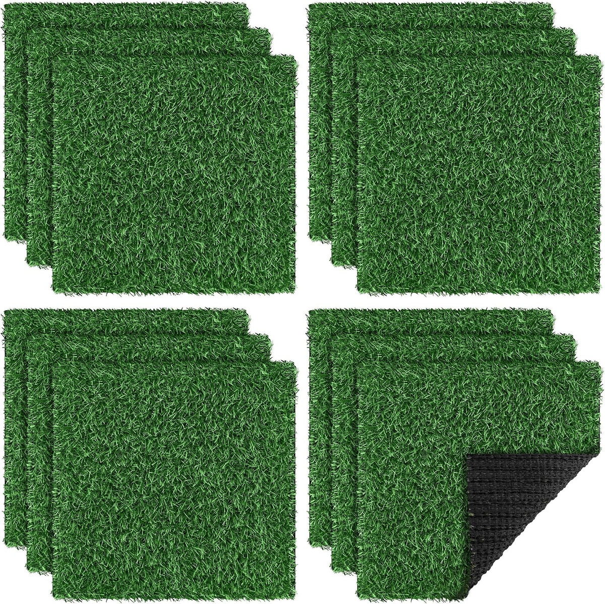 Aodaer 12 Pack Artificial Grass Mat 12 X 12 Inch Fake Grass Square Mat Synthetic Turf Patch Tiles with Drainage Hole for DIY Decoration Balcony Patio Chicken Nesting, Summer Green (12, Summer Grass)