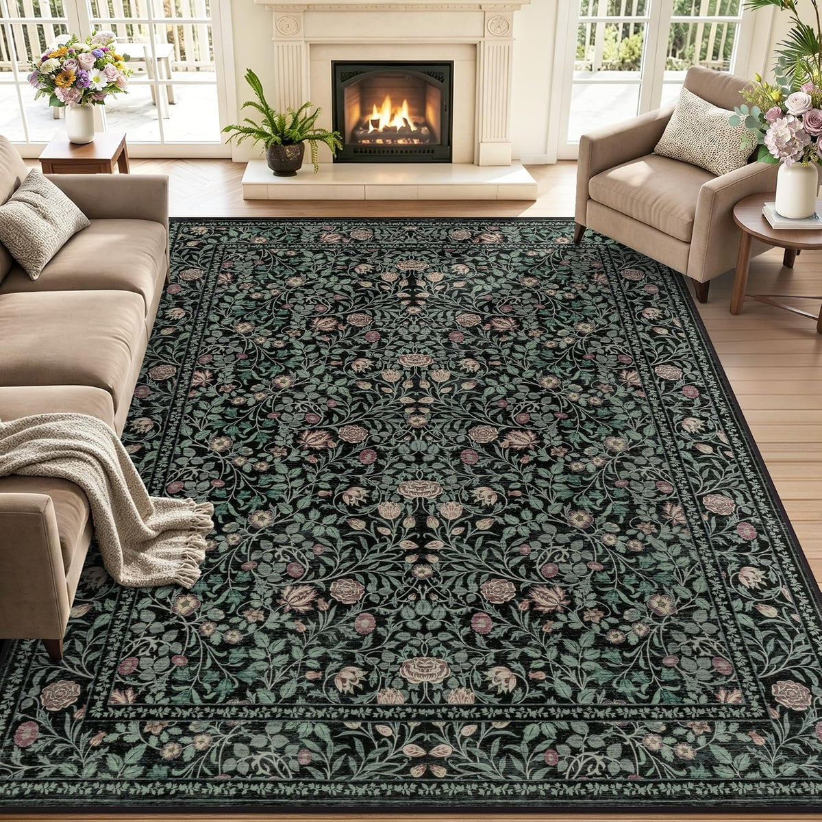 5X7 Area Rug Living Room: Soft Floral Washable Carpet Dark Green