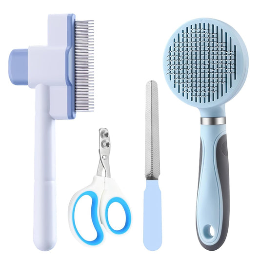 Cat Grooming Kit, 4-In-1 Cat Grooming Tools with Cats Brush, Flea Comb, Nail Clipper & Trimmer - Deshedding & Dematting for Pets Hair and Paws, Pet Shedding Set for Indoor Dogs & Cats (Blue)