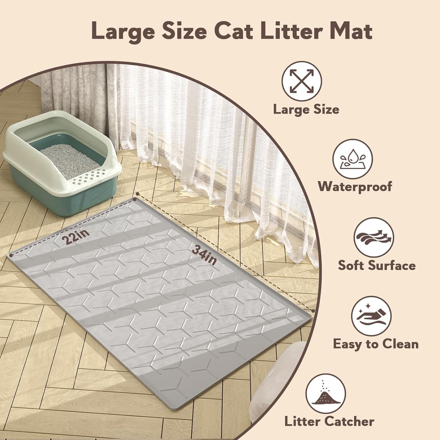 Garoopion Cat Mat for Litter Box, Large 34.05×22.5 Inch Cat Litter Mat, Waterproof Silicone Pad for Floor, Gray
