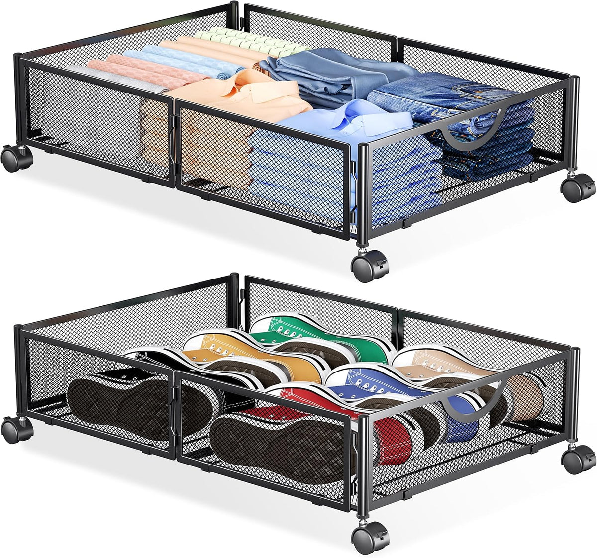 Yecaye under Bed Storage with Wheels, 2 Pack under Bed Shoe Storage, Black