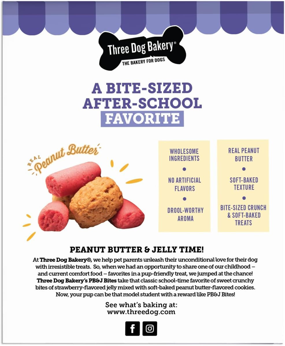 Three Dog Bakery Soft Baked PB&J Bites Dog Treats, Peanut Butter and Strawberry Flavor, Soft and Chewy Dog Cookies, Baked in the USA, 13 Oz