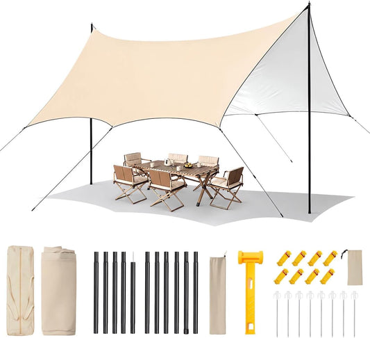 Heavy Duty Waterproof Camping Tarp 15×11FT – UV Blocking Sun Shade Canopy with Poles & Ropes, Reinforced Tear-Resistant Corners, Windproof Outdoor Shelter for Camping, Picnic(Khaki Reflective,15X11Ft)