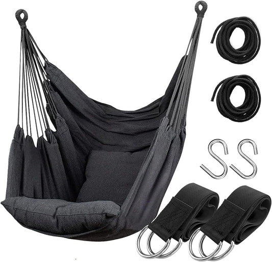 Hammock Chair Hanging Rope Swing Seat for Indoor Outdoor, Sturdy Cotton Weave Hammock Swing, Max 300Lbs Hanging Hammock Chair (Pole and Pillows NOT Included, Gray)