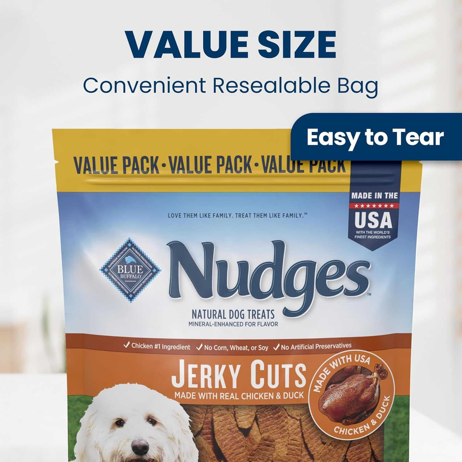 Blue Buffalo Nudges Chicken & Duck Jerky Cuts Natural Dog Treats, Oven-Roasted, Healthy Reward or Training Treat, Made in the USA with Real Chicken & Duck, No Artificial Preservatives, 36 Oz.