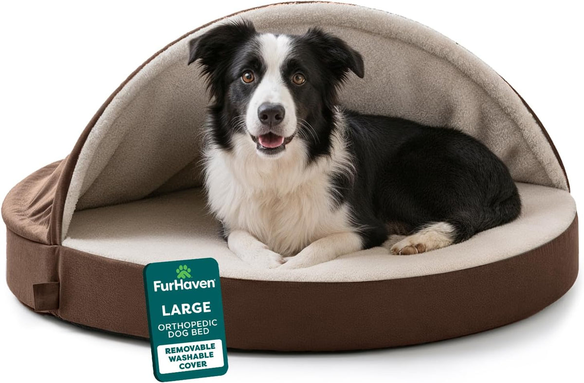 Furhaven round Orthopedic Dog Bed for Large Dogs, Cool Gel-Top Foam with a Solid Orthopedic Foam Base, Attached Blanket Hood and Washable Cover, Large, Faux Lambswool & Suede Snuggery, Espresso