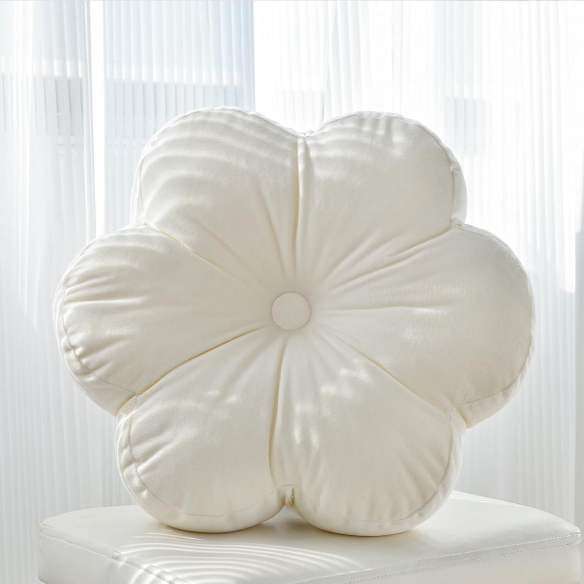 Flower Shaped round Throw Pillow, Decorative Seat Cushion, 15", Ivory White