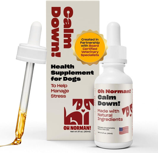 Oh Norman! Calm down Dog Calming Aid, Chamomile & Melatonin, 1 Fl Oz | Liquid Supplement with Chamomile, L-Theanine, Valerian, Passion Flower & Melatonin Ease Anxiety. Vet Reviewed.