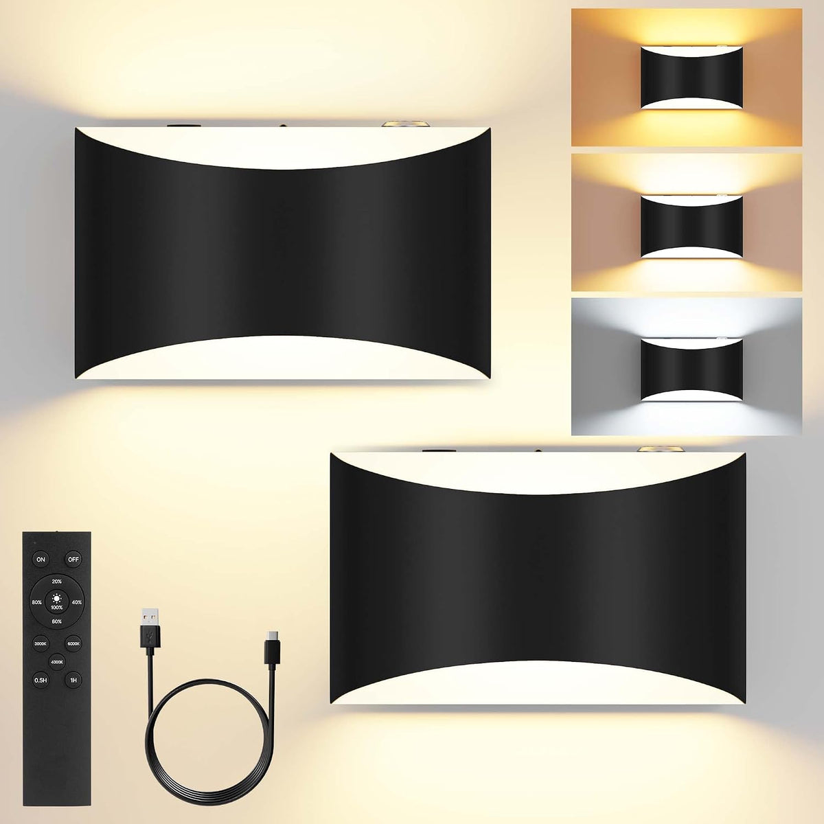 Battery Operated Wall Sconces Set of 2 Rechargeable Wireless Black