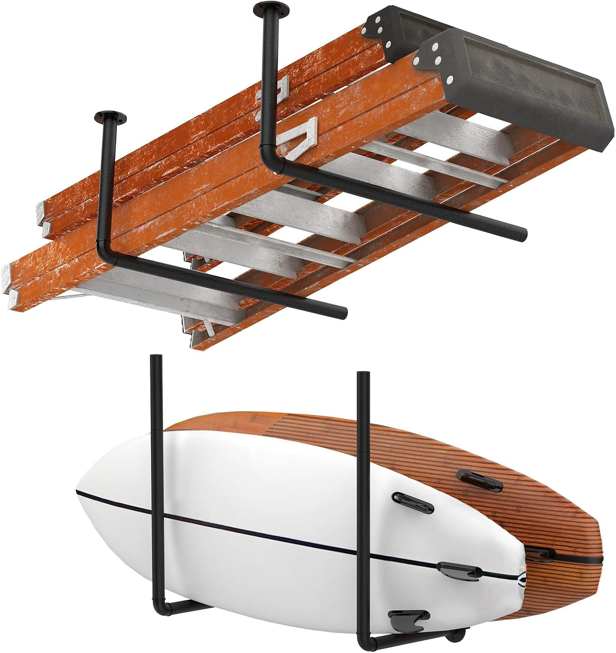 Sunexinlo Surfboard Wall Mount or Ceiling Rack, Heavy-Duty Garage Ceiling Storage Racks with Sponge Pads for Ladder, Surfboard, Snowboard, Paddle Boards, Holds 100 Lbs, Black
